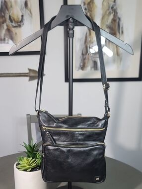 Wise Owl Black Leather Crossbody Bag with Gold Zippers